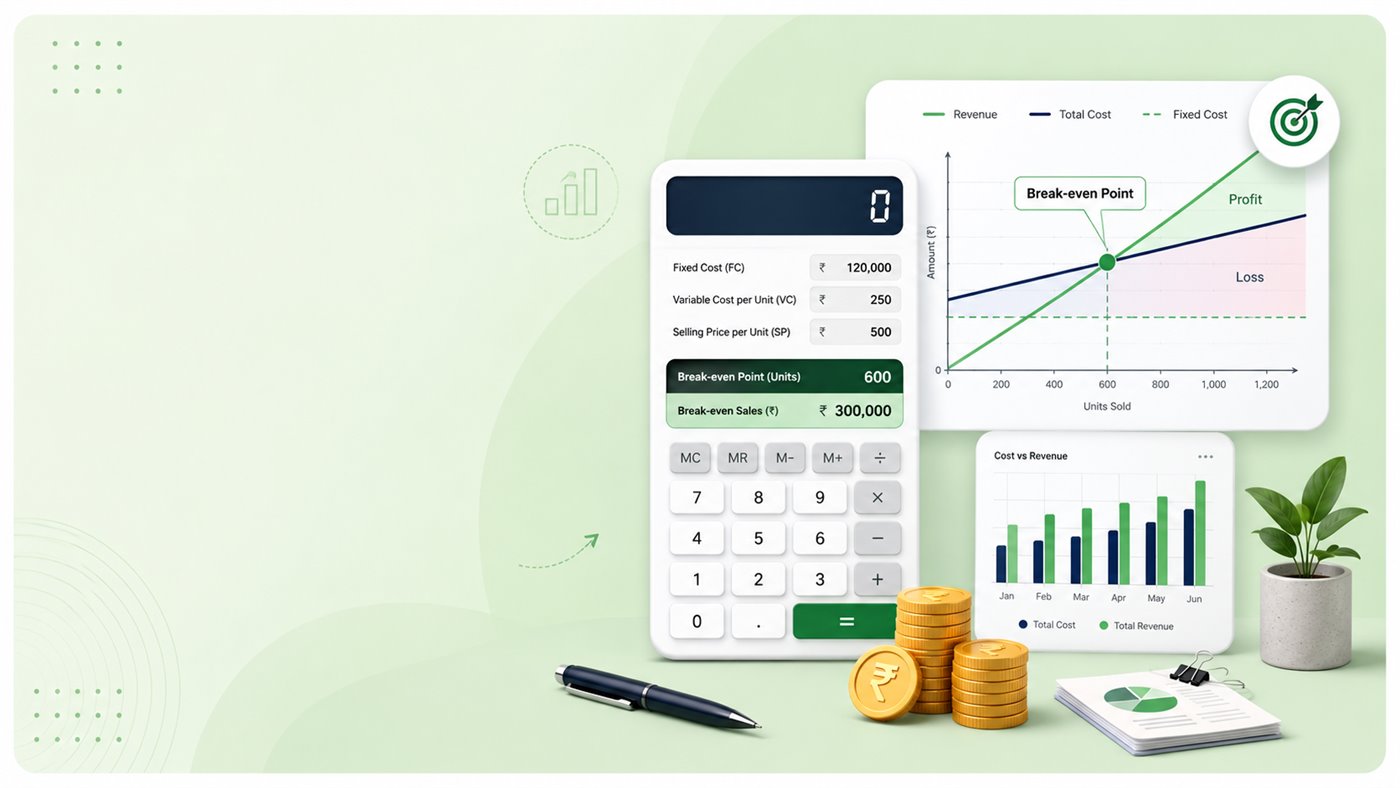 Break-even calculator with business chart, invoice, calculator, percentage tag, and rupee coins