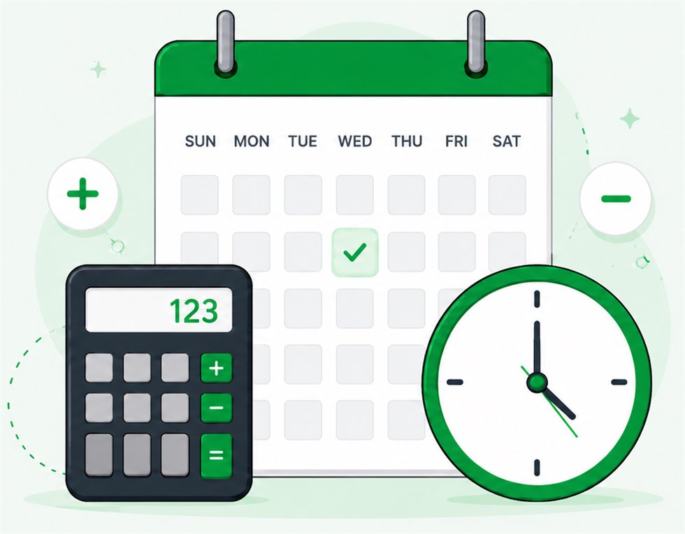 Date calculator with calendar and clock illustration