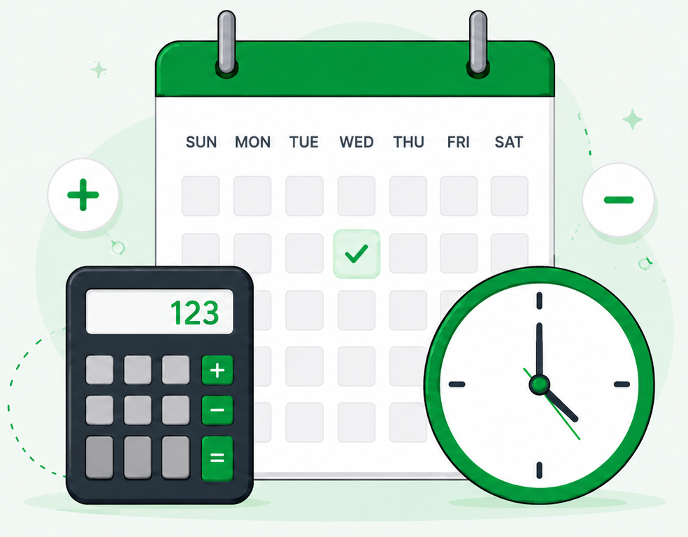 Date calculator with calendar and clock illustration