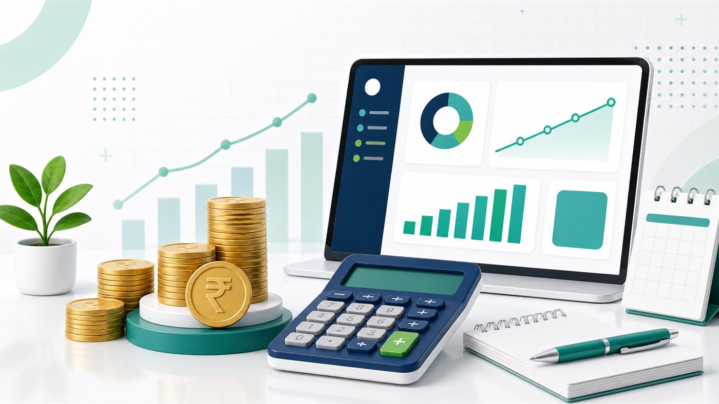 Lumpsum calculator illustration with investment growth chart and rupee coins
