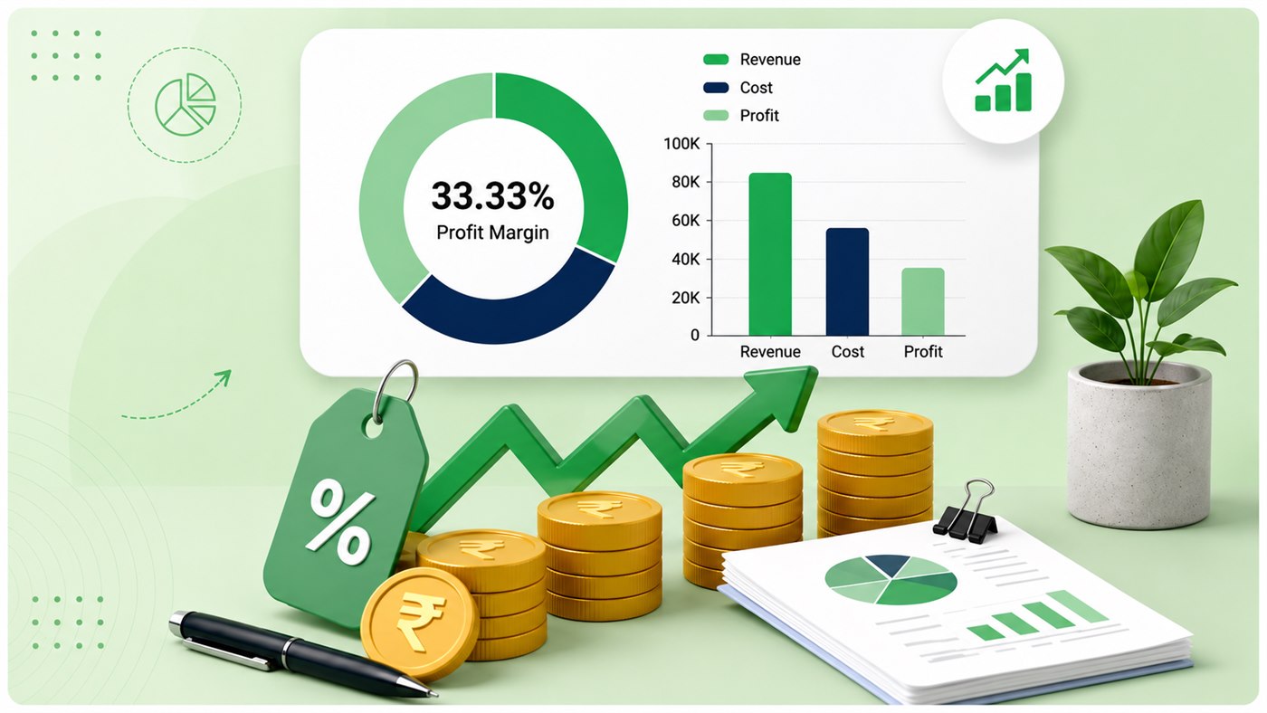 Profit margin calculator illustration with invoice, calculator, chart, percentage tag, and rupee coins