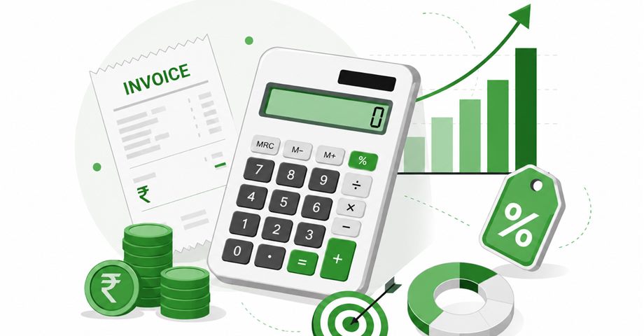 Business pricing calculator illustration with dashboard, invoice, calculator, chart, and coins